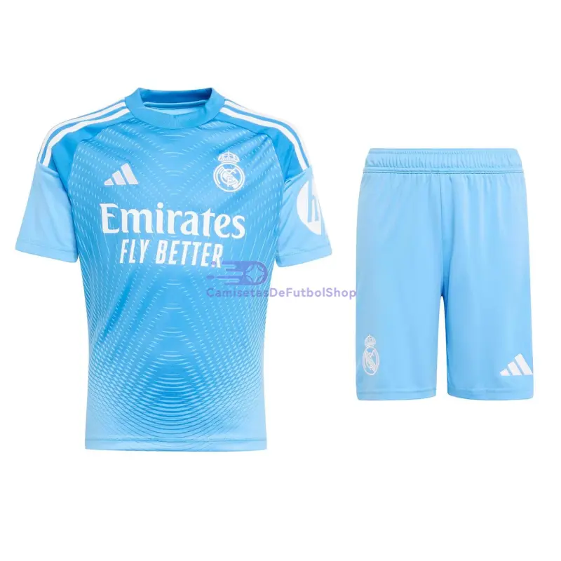 Camiseta de Portero Real Madrid 2025/2026 Azul Niño Kit con Parche HP
