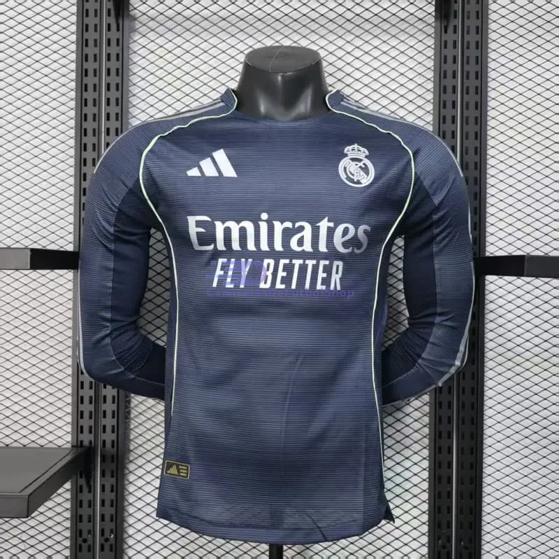 Camiseta Real Madrid 2025/2026 2ª Equipación ML Azul Marino con Parche HP (EDICIÓN JUGADOR)