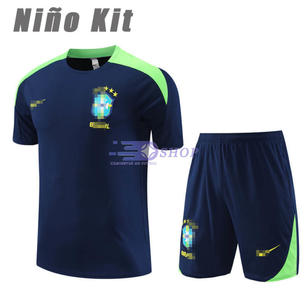 Camiseta de Entrenamiento Brasil Azul Marino/Verde 2023 Niño Kit
