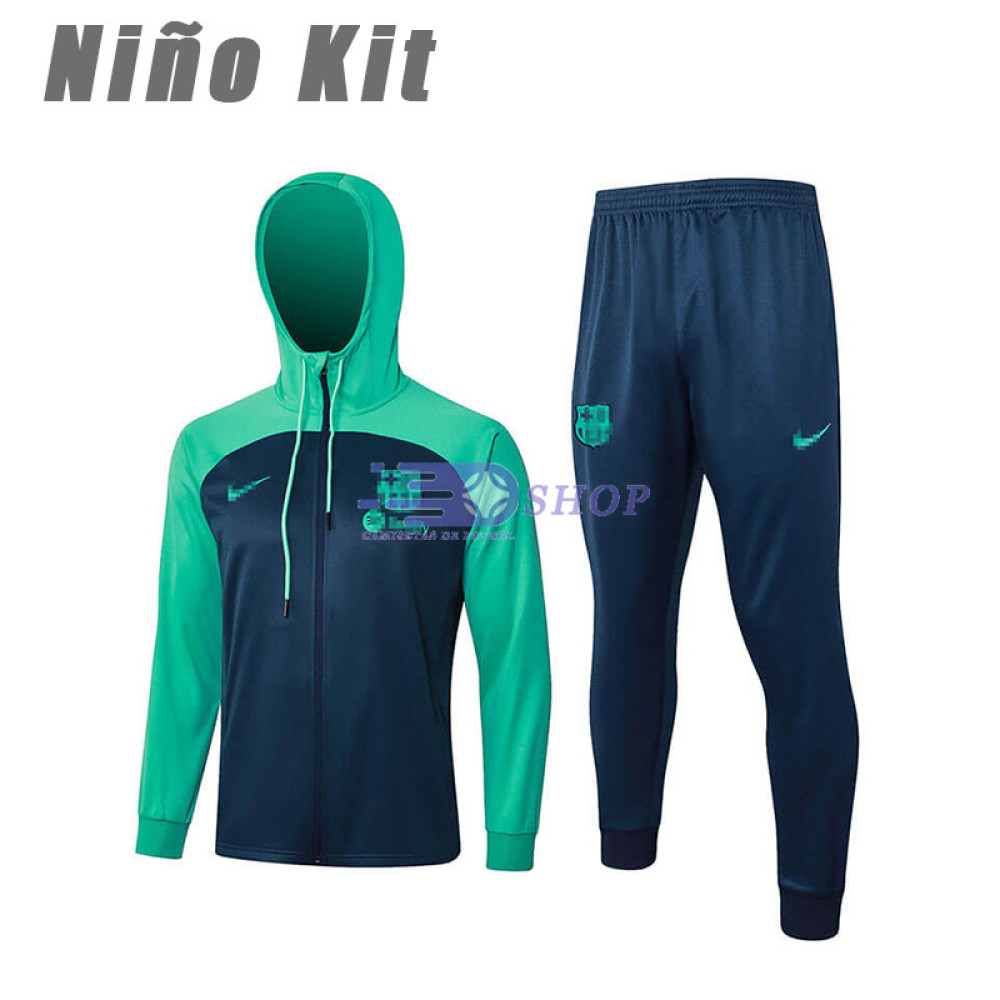Chandal Barcelona Con Capucha Azul Marino/Verde 2023/2024 Niño