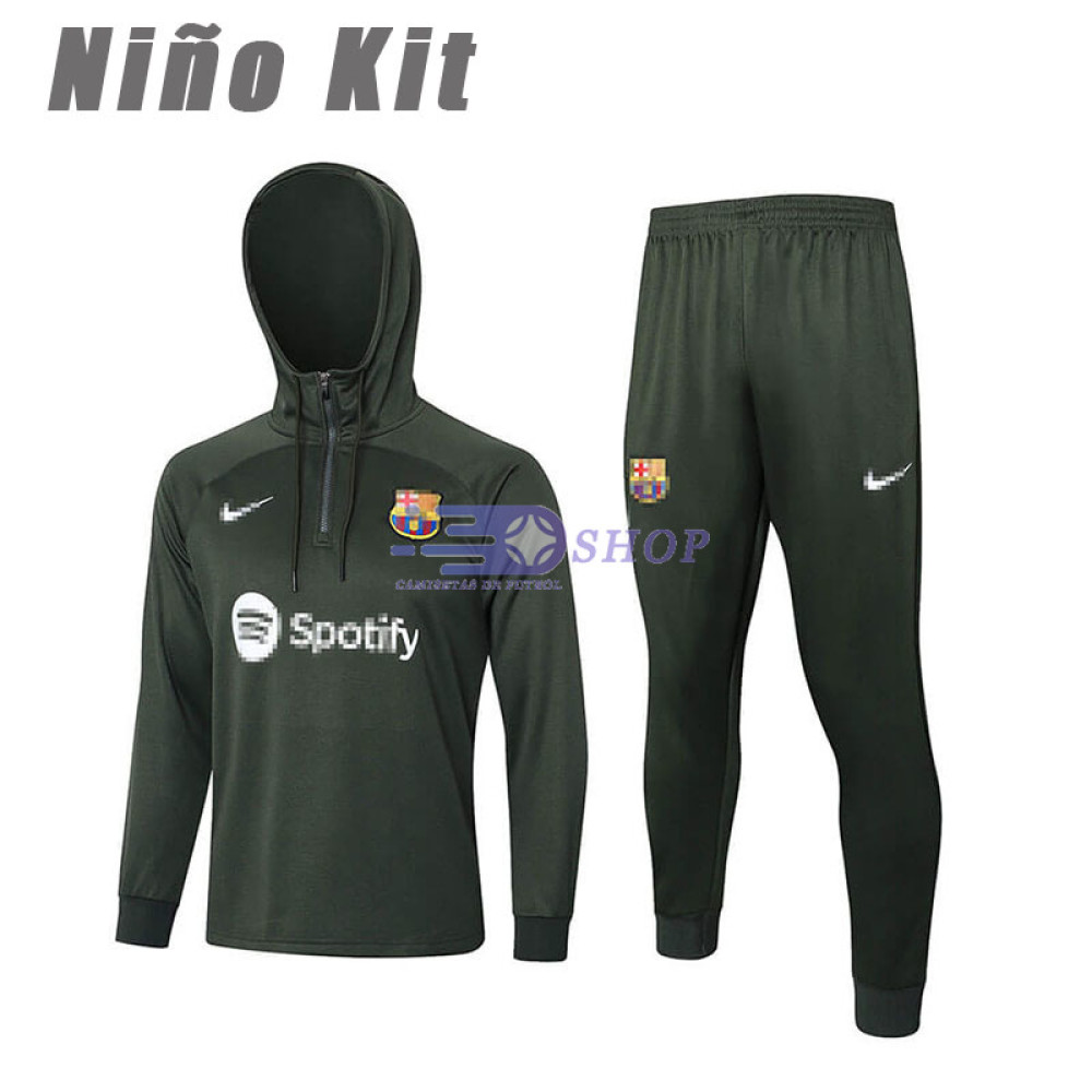 Sudadera de Entrenamiento Con Capucha Barcelona Verde Oscuro 2023/2024 Niño Kit