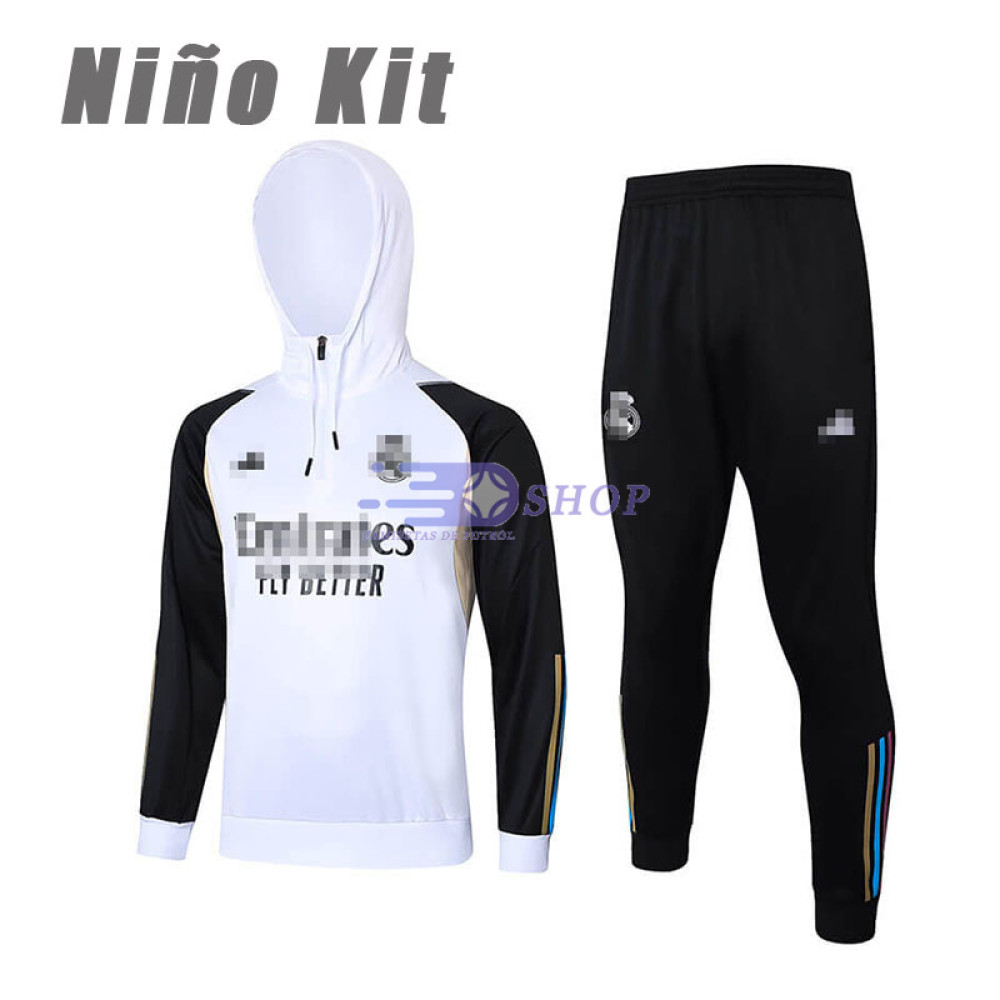 Sudadera de Entrenamiento Con Capucha Real Madrid Blanco/Negro 2023/2024 Niño Kit