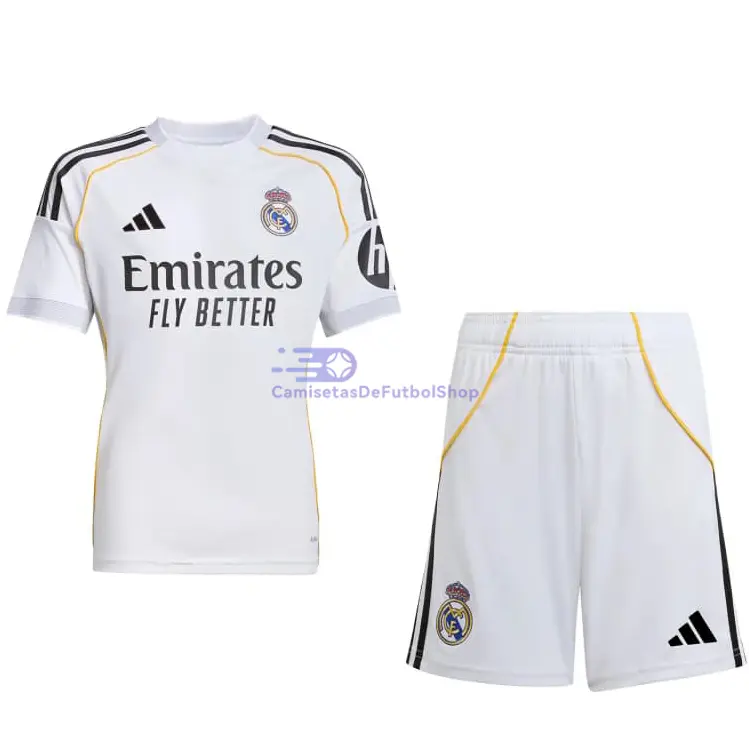 Camiseta Real Madrid 2025/2026 1ª Equipación Blanco Niño Kit con Parche HP