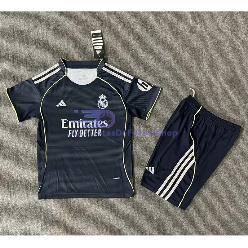 Camiseta Real Madrid 2025/2026 2ª Equipación Azul Marino Niño Kit con Parche HP