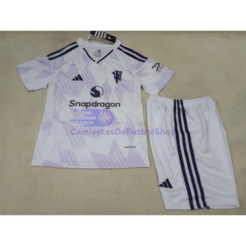 Camiseta Manchester United Blanco/Morado Claro 2025/2026 Niño Kit