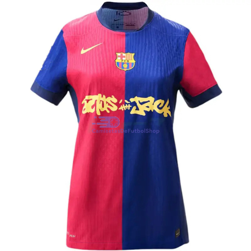 Camiseta Barcelona x Travis Scott Limited Edition 2024/2025 1ª Equipación Azul/Rojo Mujer