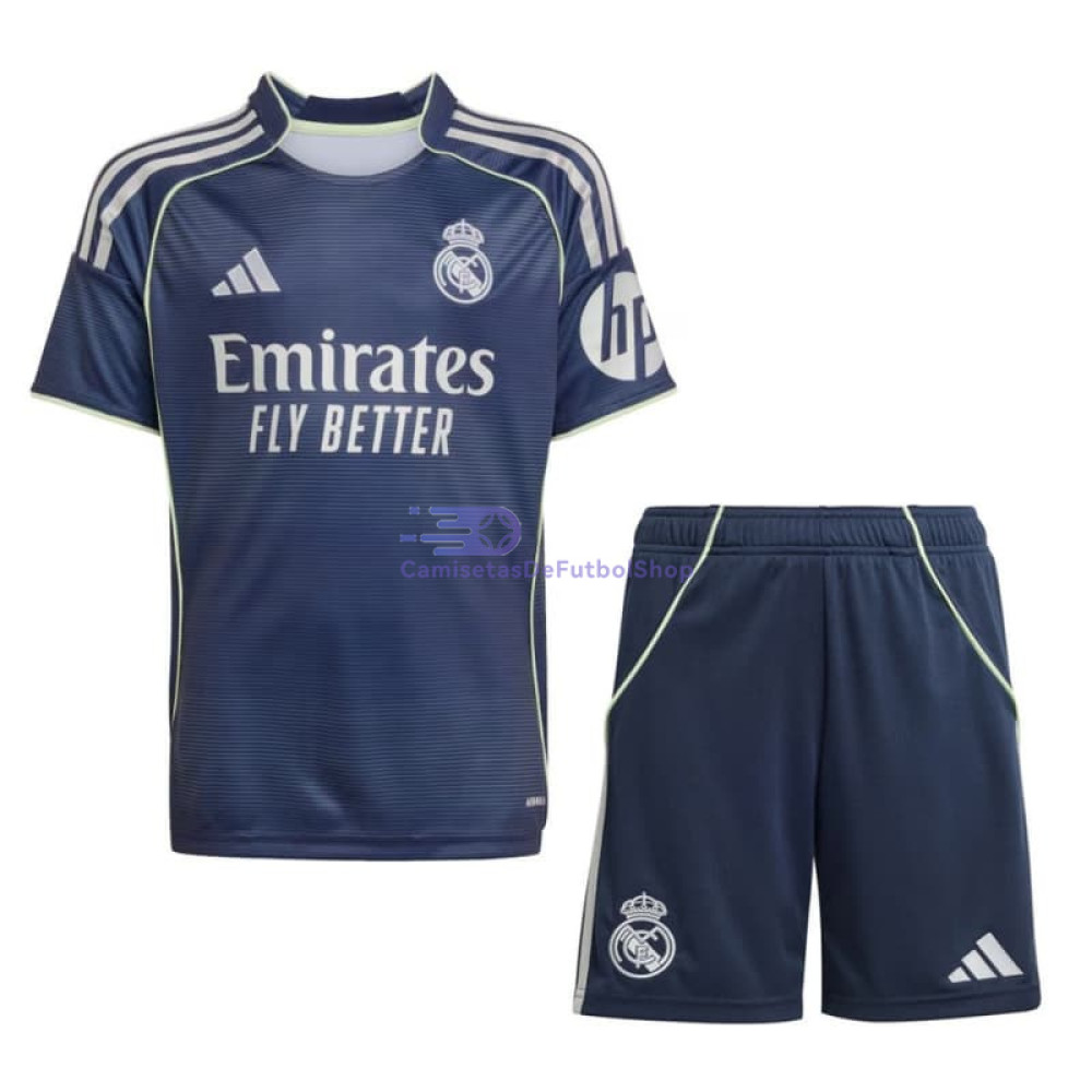 Camiseta Real Madrid 2025/2026 2ª Equipación Azul Marino Niño Kit con Parche HP