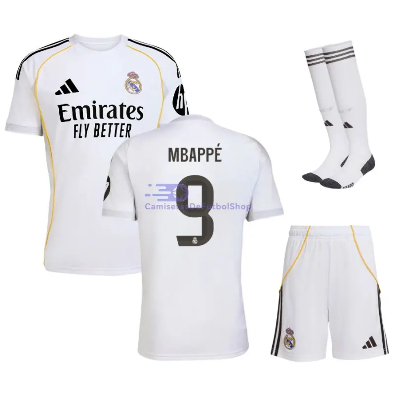 Camiseta MBAPPÉ 9 Real Madrid 2025/2026 1ª Equipación Blanco Niño Kit con Parche HP