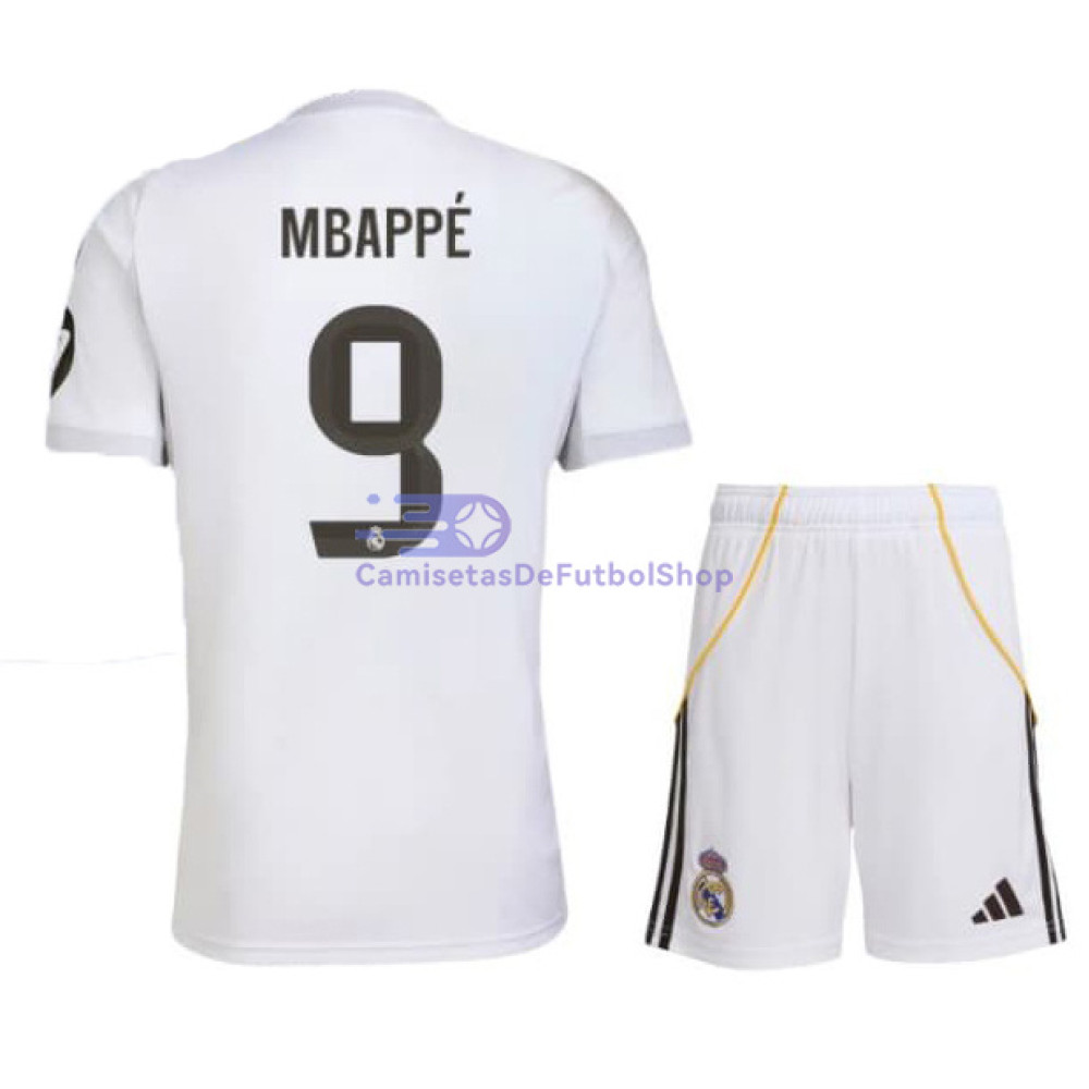 Camiseta MBAPPÉ 9 Real Madrid 2025/2026 1ª Equipación Blanco Niño Kit con Parche HP