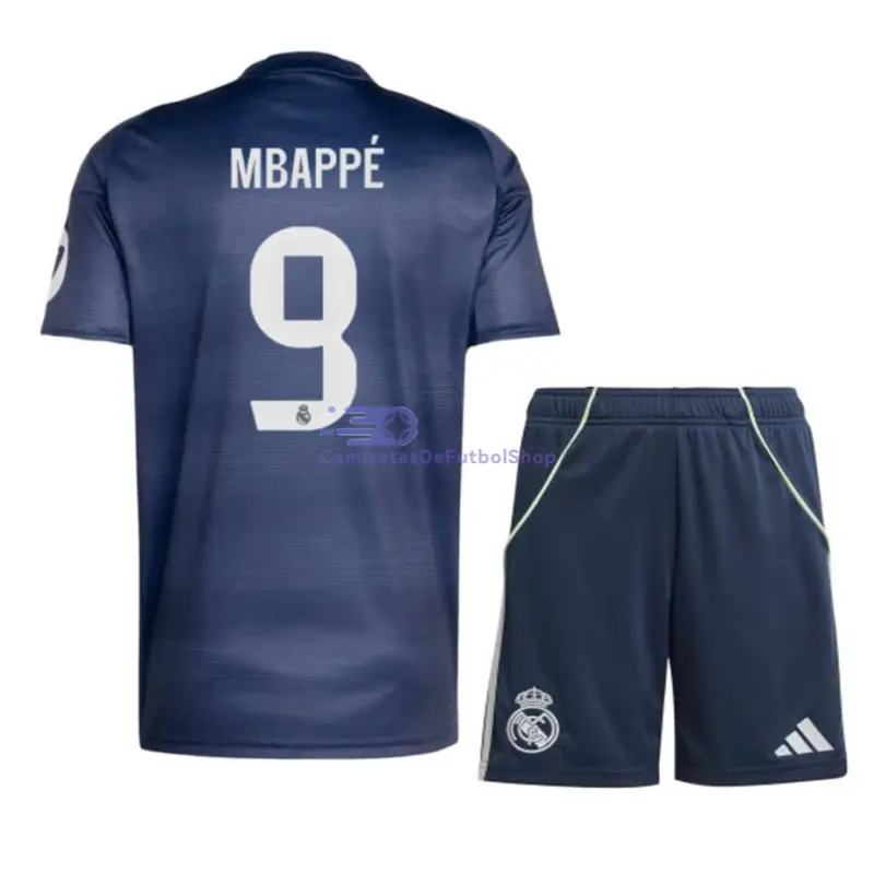 Camiseta MBAPPÉ 9 Real Madrid 2025/2026 2ª Equipación Azul Marino Niño Kit con Parche HP