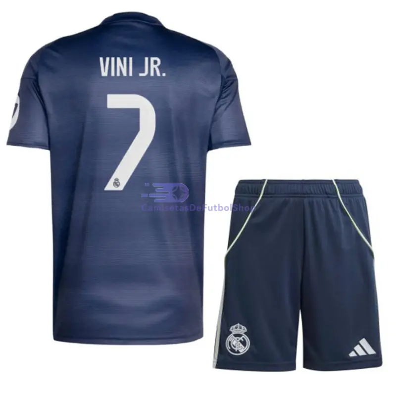 Camiseta VINI JR. 7 Real Madrid 2025/2026 2ª Equipación Azul Marino Niño Kit con Parche HP