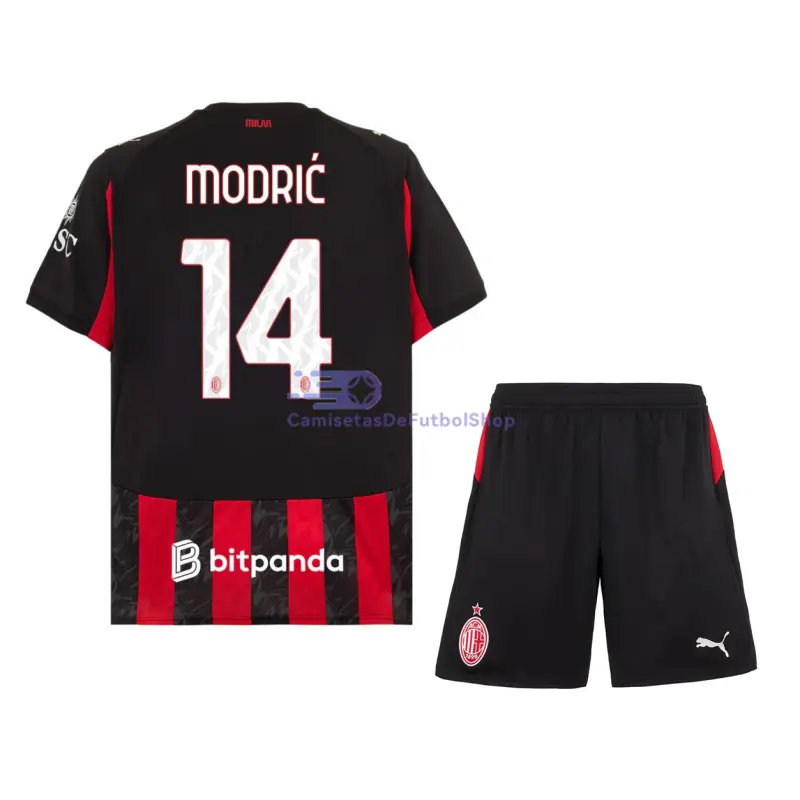 Camiseta MODRIĆ 14 AC Milan 2025/2026 1ª Equipación Rojo/Negro Niño Kit