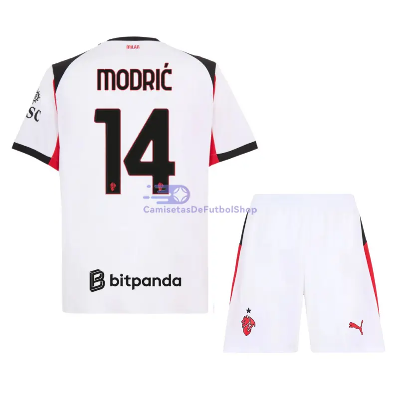 Camiseta MODRIĆ 14 AC Milan 2025/2026 2ª Equipación Blanco Niño Kit