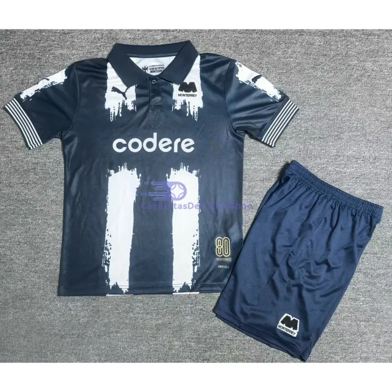 Camiseta Monterrey 80 Aniversario Edición 2025/2026 Azul Marino/Blanco Niño Kit
