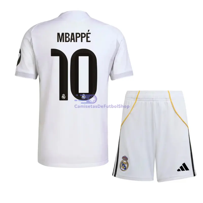 Camiseta MBAPPÉ 10 Real Madrid 2025/2026 1ª Equipación Blanco Niño Kit con Parche HP