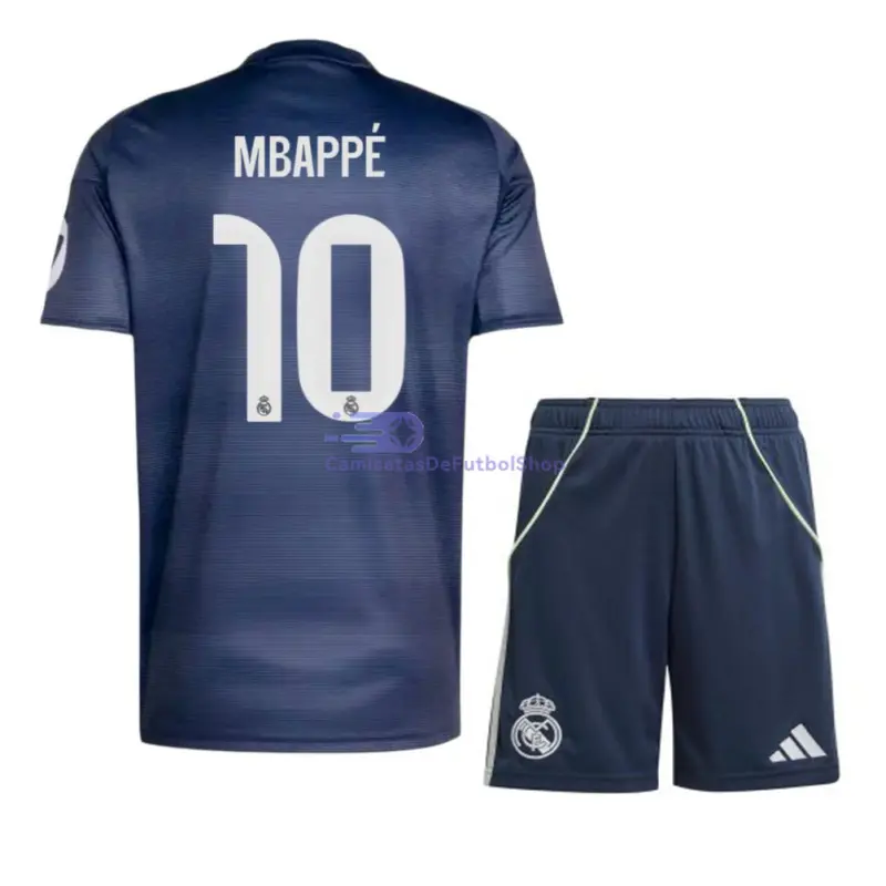 Camiseta MBAPPÉ 10 Real Madrid 2025/2026 2ª Equipación Azul Marino Niño Kit con Parche HP