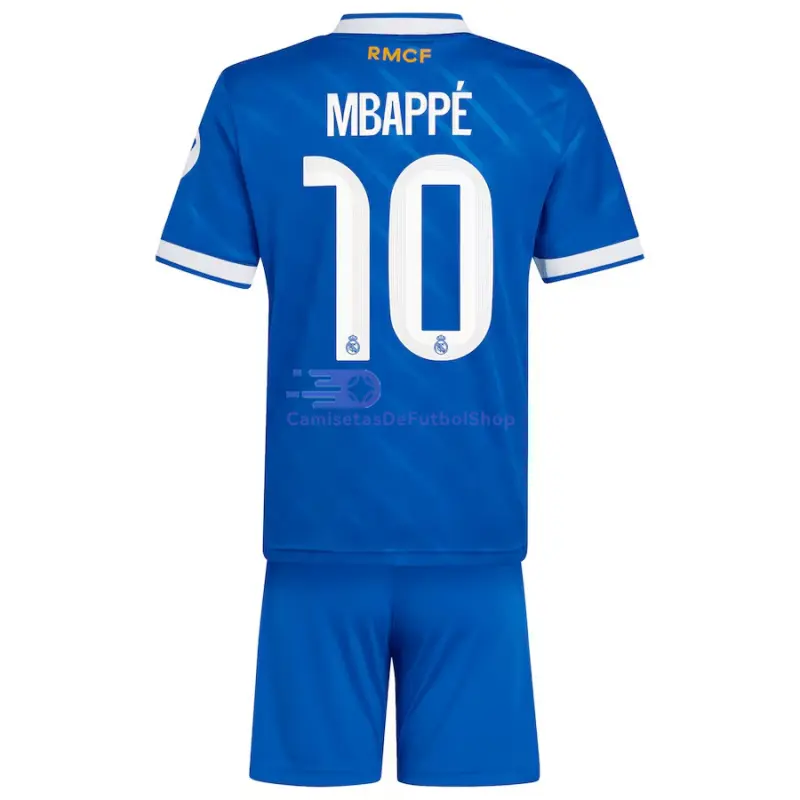 Camiseta MBAPPÉ 10 Real Madrid 2025/2026 3ª Equipación Azul Niño Kit con Parche HP