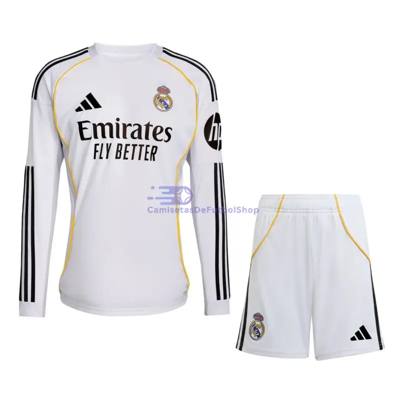 Camiseta Real Madrid 2025/2026 1ª Equipación ML Blanco Niño Kit con Parche HP