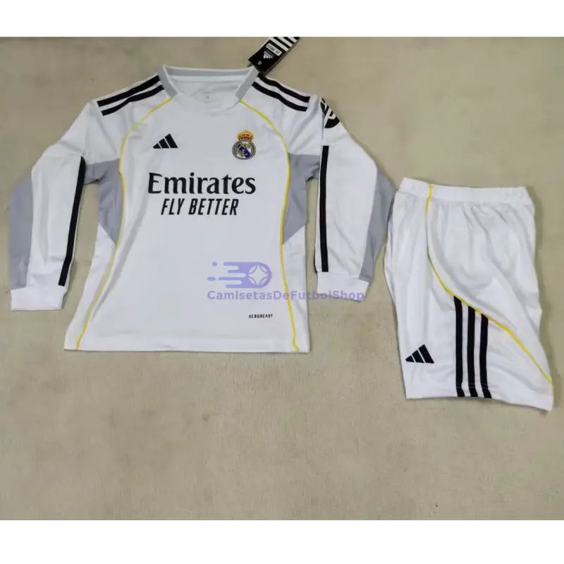 Camiseta Real Madrid 2025/2026 1ª Equipación ML Blanco Niño Kit con Parche HP