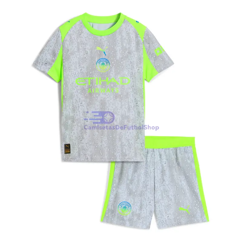 Camiseta Manchester City 2025/2026 3ª Equipación Gris/Verde Neón Niño Kit