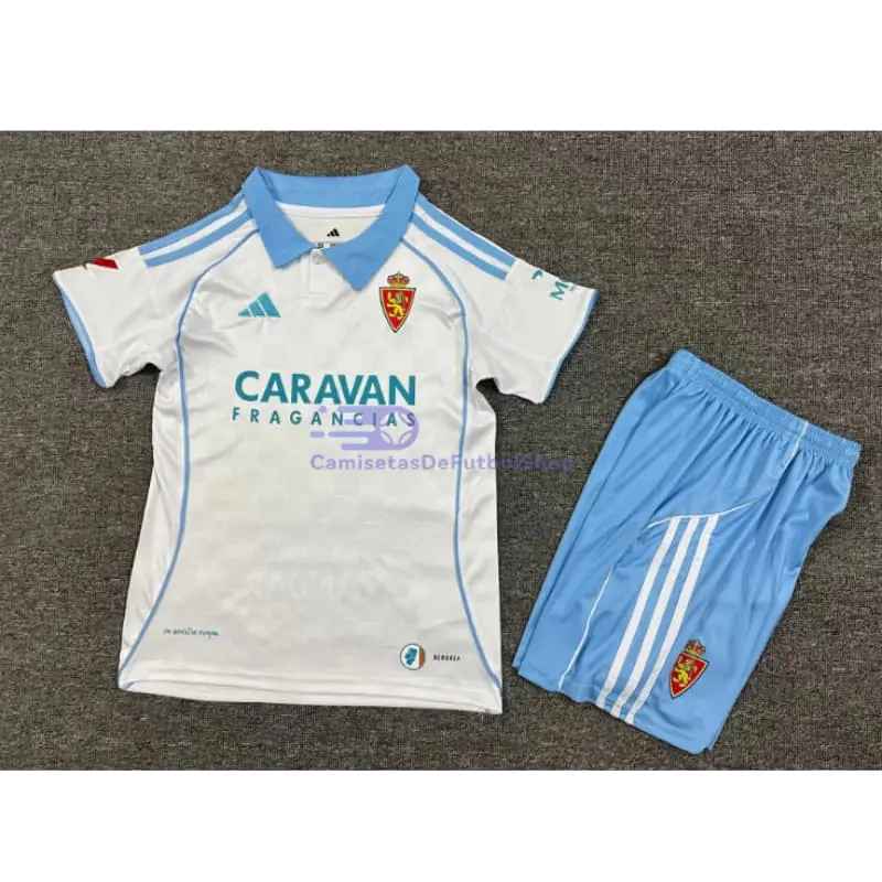 Camiseta Real Zaragoza 2025/2026 1ª Equipación Blanco/Azul Niño Kit con Parche La Liga