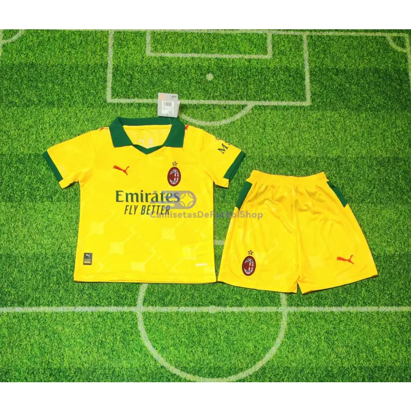 Camiseta AC Milan 2025/2026 3ª Equipación Amarillo Niño Kit