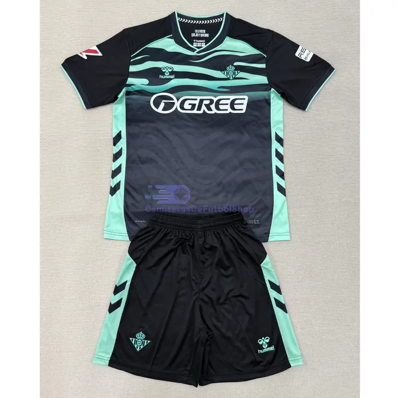 Camiseta Real Betis 2025/2026 3ª Equipación Negro Niño Kit con Parche La Liga