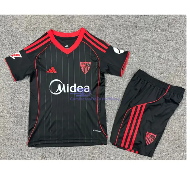 Camiseta Sevilla FC 2025/2026 3ª Equipación Negro Niño Kit con Parche La Liga