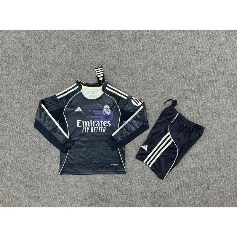 Camiseta Real Madrid 2025/2026 2ª Equipación ML Azul Marino Niño Kit con Parche HP