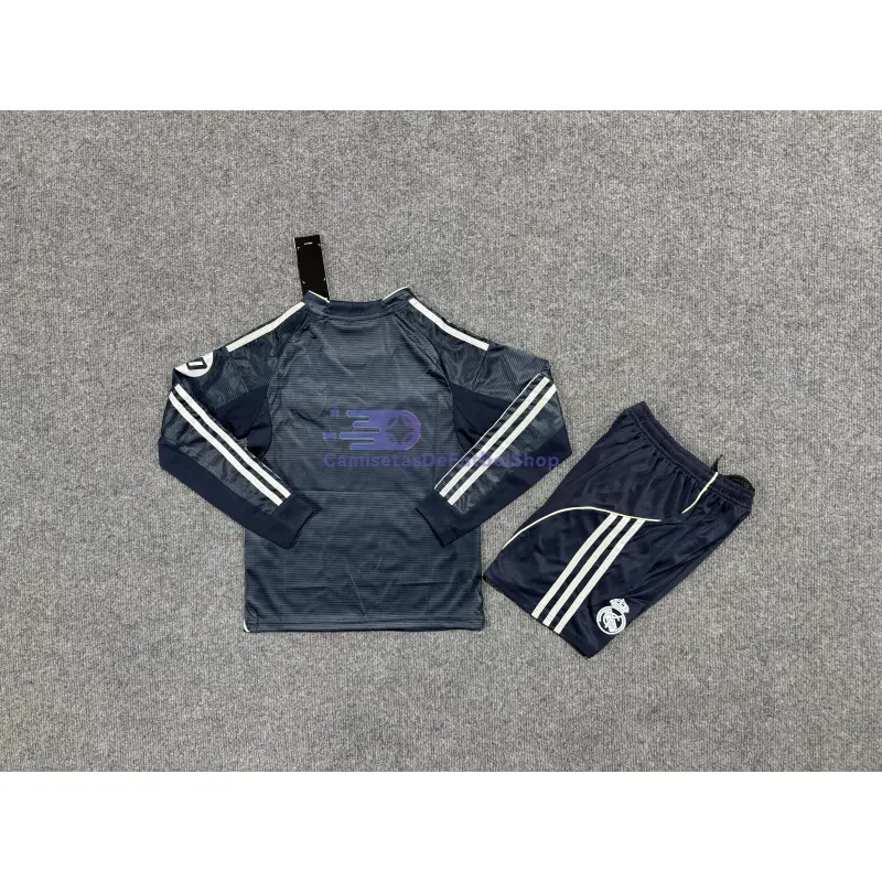 Camiseta Real Madrid 2025/2026 2ª Equipación ML Azul Marino Niño Kit con Parche HP