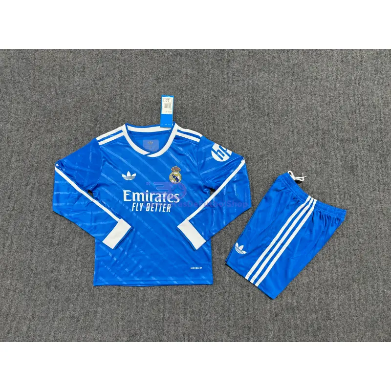 Camiseta Real Madrid 2025/2026 3ª Equipación ML Azul Niño Kit con Parche HP