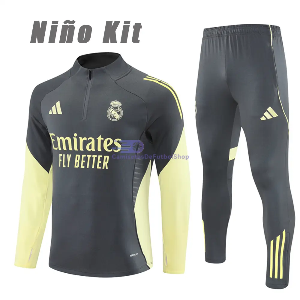 Sudadera De Entrenamiento Real Madrid 2025/2026 Niño Kit Gris Oscuro/Amarillo
