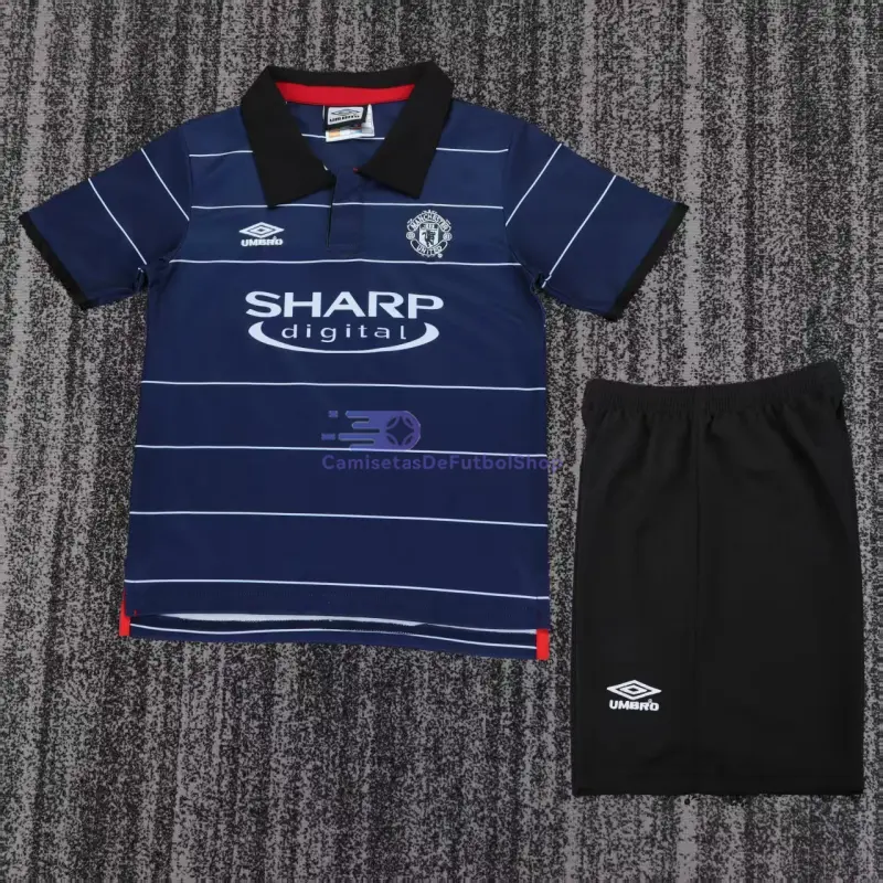 Camiseta Manchester United 1999/00 2ª Equipación Retro Azul Oscuro Niño Kit