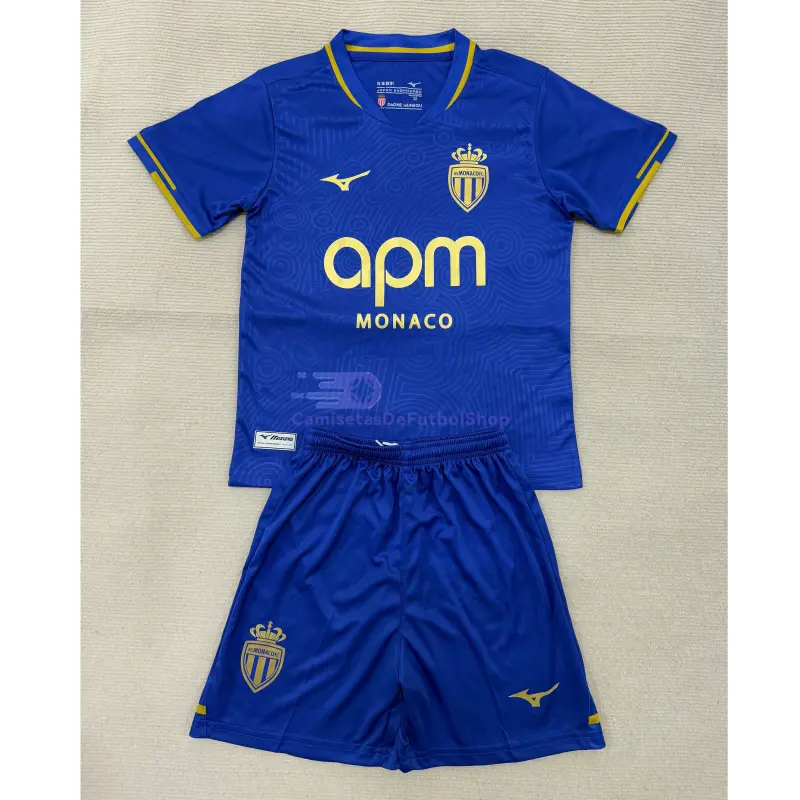 Camiseta Monaco 2025/2026 2ª Equipación Azul/Dorado Niño Kit