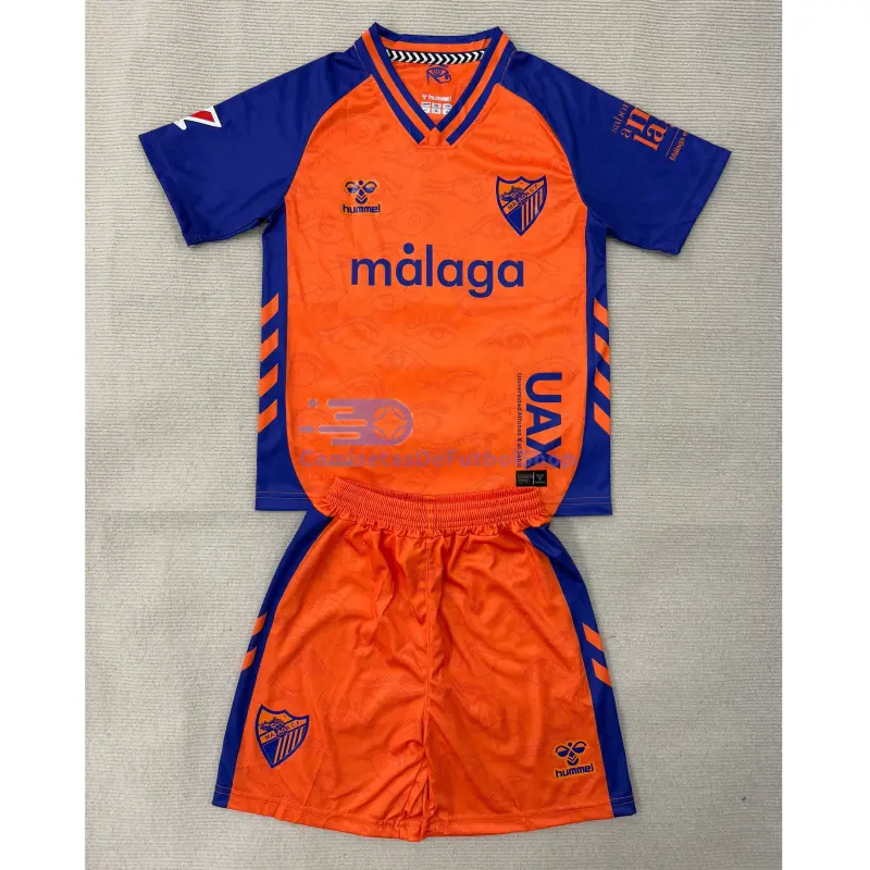 Camiseta Málaga CF 2025/2026 3ª Equipación Naranja/Azul Niño Kit