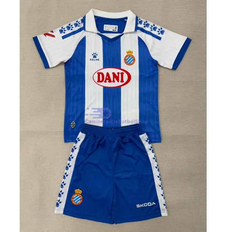 Camiseta Espanyol 2025/2026 1ª Equipación Azul/Blanco Niño Kit con Parche La Liga  
