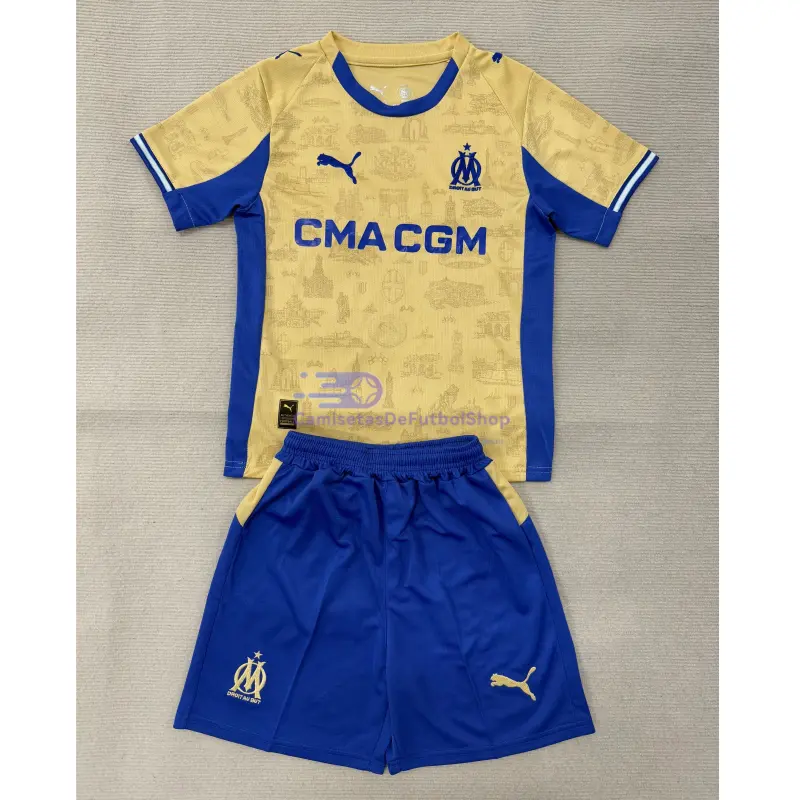 Camiseta Olympique Marsella 2025/2026 4ª Equipación Oro/Azul Niño Kit