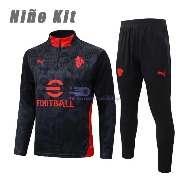 Sudadera De Entrenamiento AC Milan 2025/2026 Niño Kit Negro/Rojo con Estampado