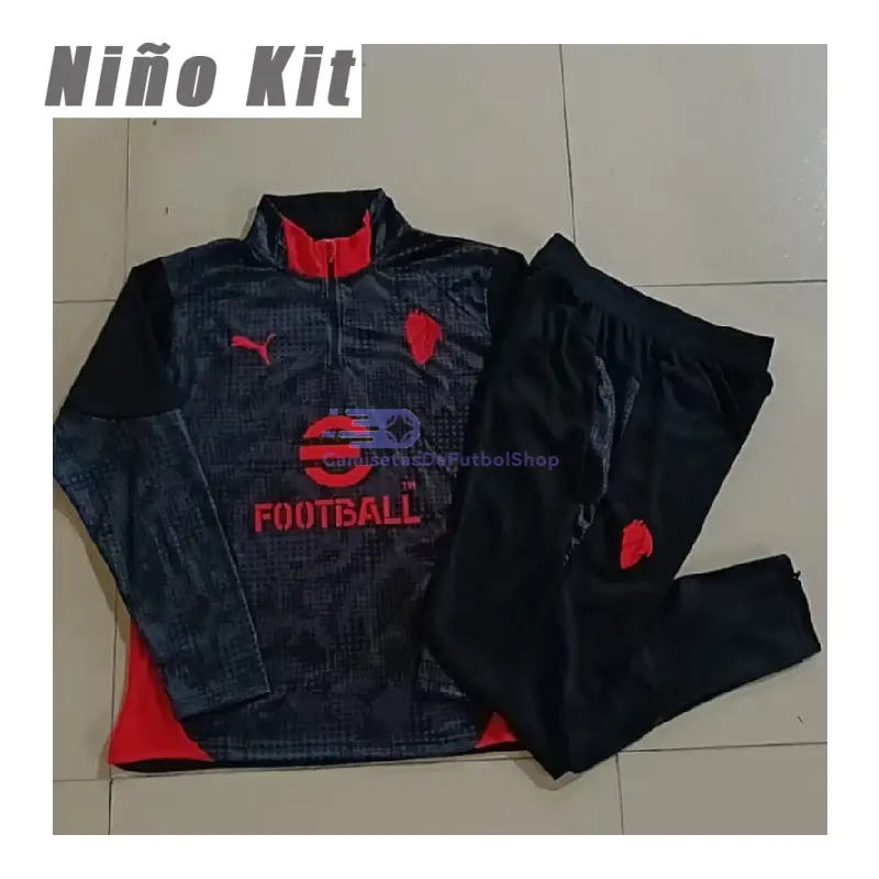 Sudadera De Entrenamiento AC Milan 2025/2026 Niño Kit Negro/Rojo con Estampado