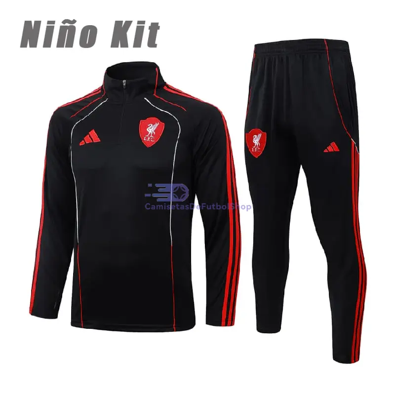 Sudadera De Entrenamiento Liverpool 2025/2026 Niño Kit Negro/Rojo Versión Retro