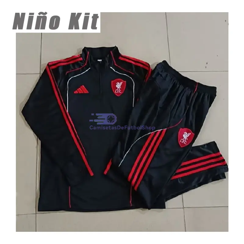 Sudadera De Entrenamiento Liverpool 2025/2026 Niño Kit Negro/Rojo Versión Retro