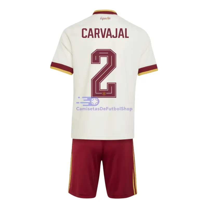 Camiseta Carvajal 2 España Mundial 2026 2ª Equipación Blanco/Rojo Niño Kit