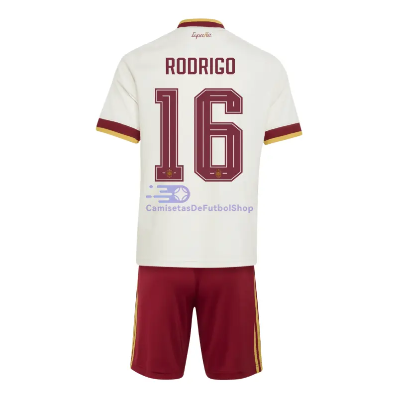 Camiseta Rodrigo 16 España Mundial 2026 2ª Equipación Blanco/Rojo Niño Kit