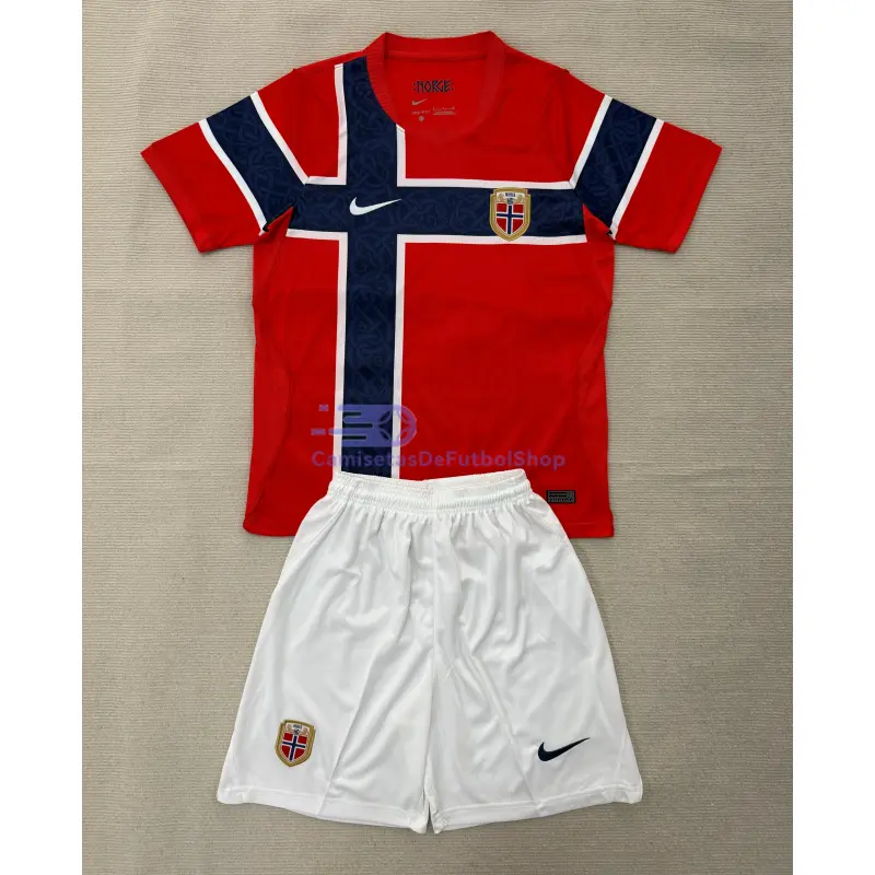 Camiseta Noruega Mundial 2026 1ª Equipación Rojo/Azul Niño Kit