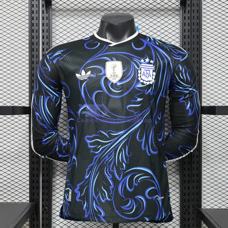 Camiseta Argentina Mundial 2026 2ª Equipación ML Negro/Azul con FIFA2022 (EDICIÓN JUGADOR)