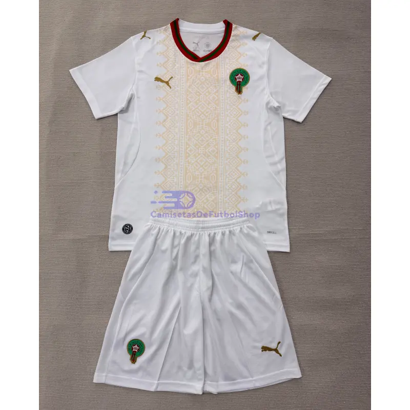 Camiseta Marruecos Mundial 2026 2ª Equipación Blanco/Oro Niño Kit