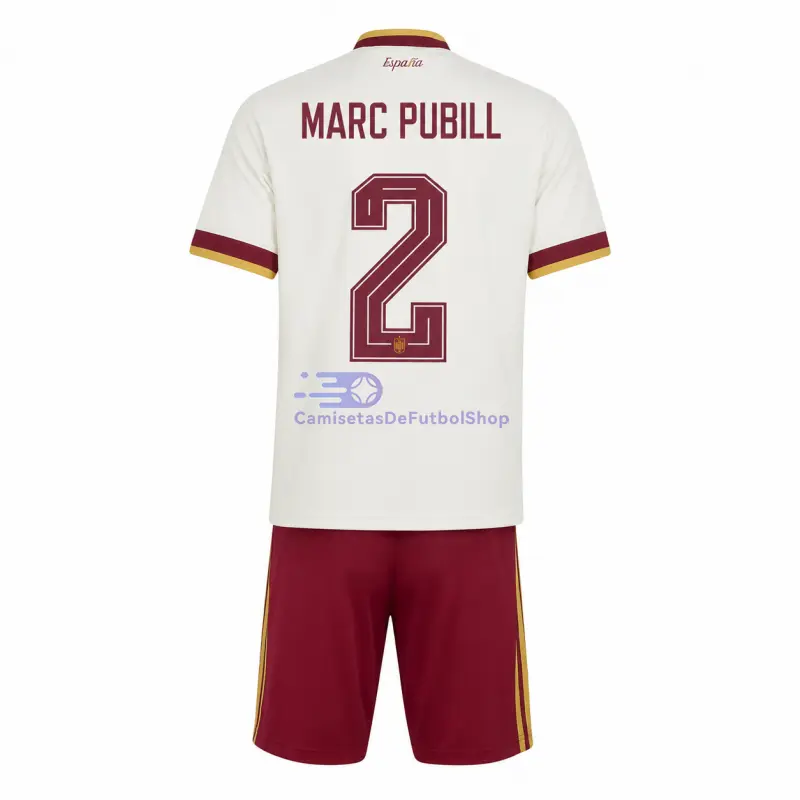 Camiseta Marc Pubill 2 España Mundial 2026 2ª Equipación Blanco/Rojo Niño Kit