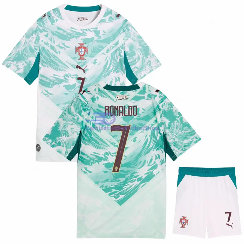 Camiseta Ronaldo 7 Portugal Mundial 2026 2ª Equipación Verde/Blanco Niño Kit