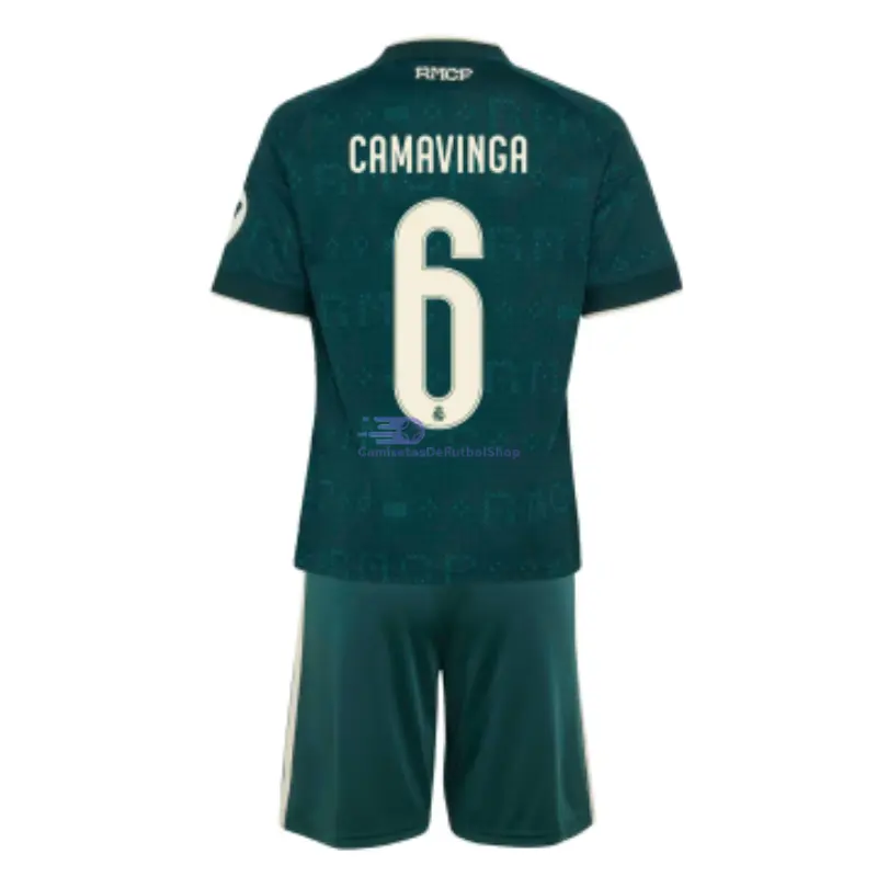 Camiseta CAMAVINGA 6 Real Madrid 2026/2027 2ª Equipación Verde Oscuro Niño Kit con Parche HP