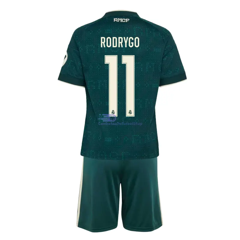 Camiseta RODRYGO 11 Real Madrid 2026/2027 2ª Equipación Verde Oscuro Niño Kit con Parche HP